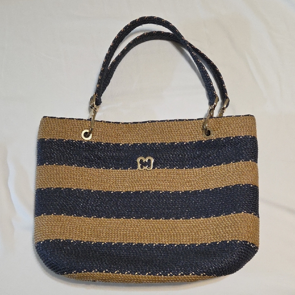 ERIC JAVITS TOTE NAVY AND TAN GOLD HARDWARE MAGNETIC CLOSURE EUC SHOULDER BAG